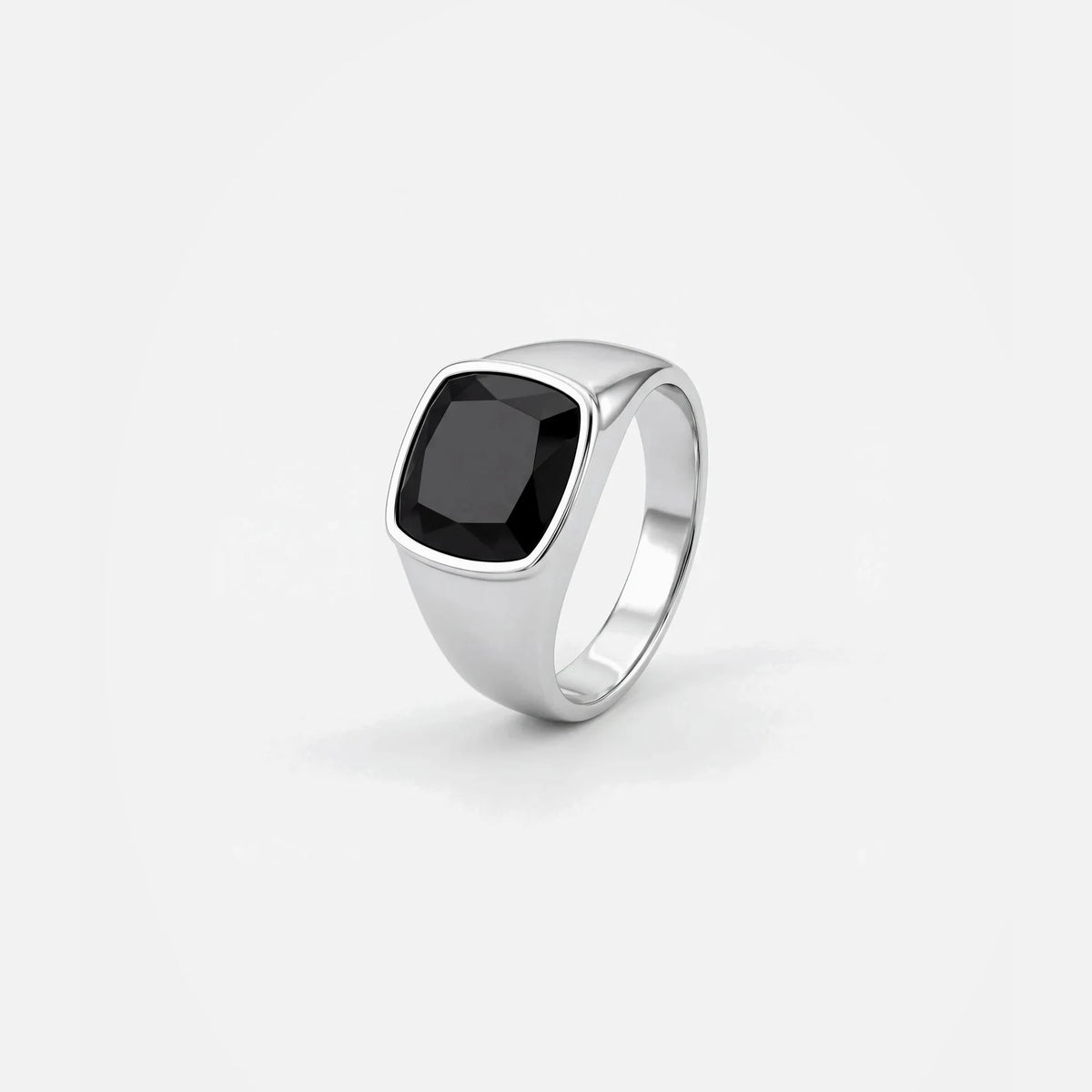 Black Stone Signet Ring in silver stainless steel, studio packshot